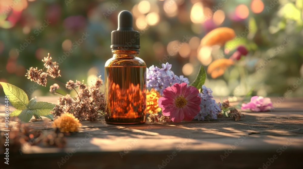 Poster essential oils and dried flowers arranged on a rustic wooden table creating a serene and holistic he