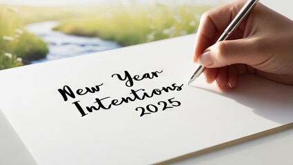 A hand writes "New Year Intentions 2025" on a blank page, symbolizing goal-setting and reflection for the upcoming year in a serene natural setting.