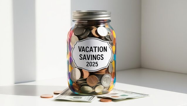 A jar labeled "Vacation Savings 2025" filled with coins and currency, set against a bright background.