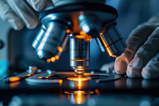 Close-up view of a microscope focusing on a specimen, showcasing scientific research and investigation.