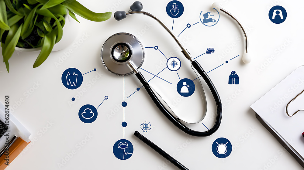 Poster explore the connection between digital health symbols and stethoscope functions