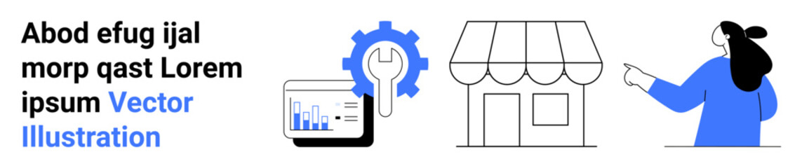 Businesswoman pointing towards storefront, graph on tablet, and gear icon for technical settings. Ideal for entrepreneurship, business tools, retail, marketing, e-commerce, strategy, and tutorials
