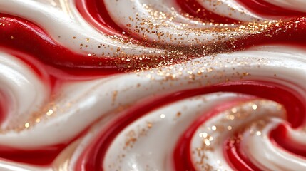 Festive peppermint swirl design with radiant red and white spirals, gold accents delicately layered along the edges, soft gleam. Luxurious and sophisticated, hd quality, warm highlights.