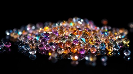 A pile of translucent crystal beads, reflecting the surrounding light in rainbow hues, placed on a reflective black background.