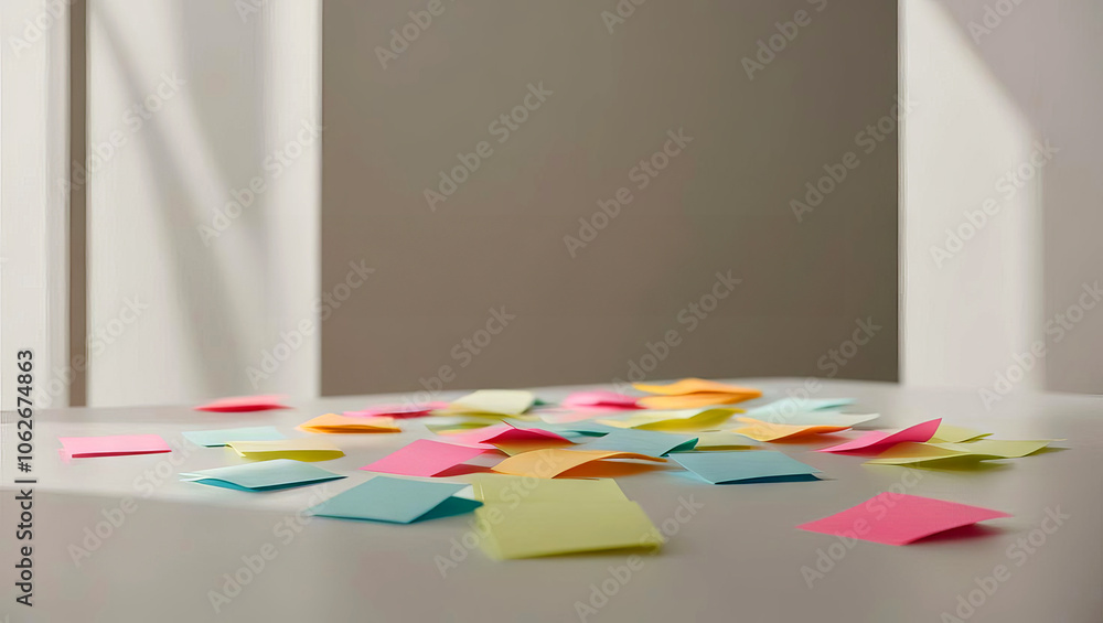 Poster a vibrant scattering of sticky notes in various colors lies on a surface, creating a visually engagi