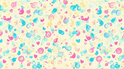 Abstract background with pastel pink and blue swirls, hearts, and stars on a cream background.