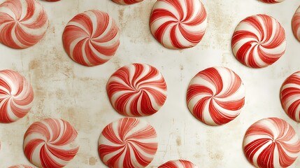 Large peppermint swirls in classic red and white, soft-edged retro style on a faded cream background. Slight vintage grain for texture, hd quality, warm holiday lighting. --ar 16:9 --tile