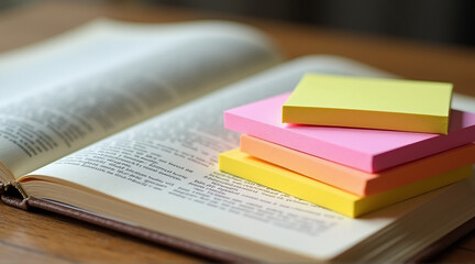 Open Book with Colorful Sticky Notes on Top