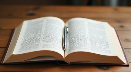 Fototapeta premium Open Book with Pen on Wooden Table