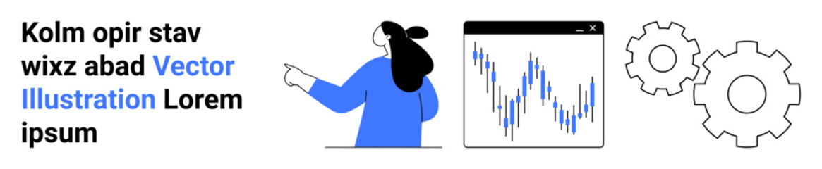 Female character pointing at a data chart in a window, with placeholder text on the side and gear icons. Ideal for business presentations, data analysis, tech content, tutorials, strategy planning