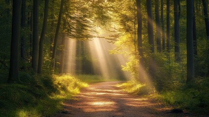A quiet forest path with sunlight filtering through dense trees, leading to an open meadow.