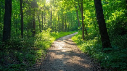 Obraz premium A quiet forest path with sunlight filtering through dense trees, leading to an open meadow.