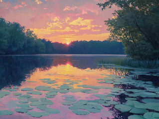 A peaceful sunset over a tranquil lake, where the sky's hues reflect gently on the calm waters.