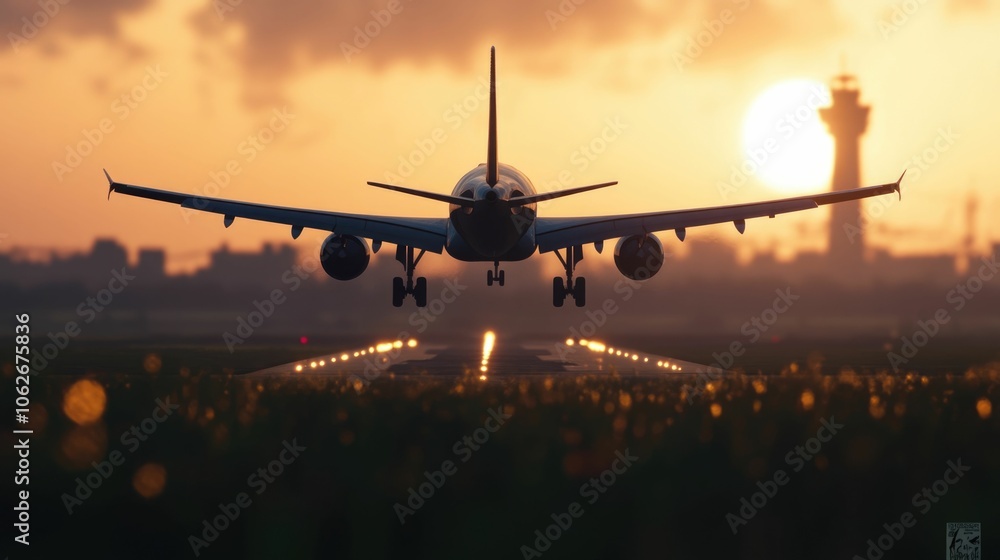 Poster side view of an airplane descending towards the runway with the control tower visible in the backgro