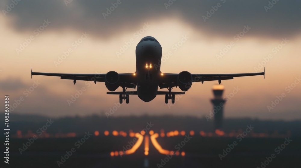 Poster side view of a commercial airplane descending towards the runway with the control tower visible in t