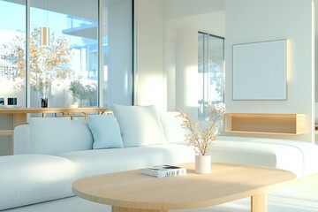 Fototapeta premium Modern Living and Dining Room with Mint Pillows and Wooden Furniture, Featuring a Flower Pot - Interior Design