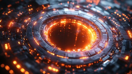 Glowing Orange Lights on a Circular Futuristic Machine
