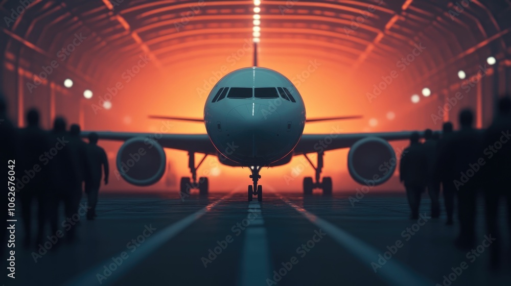 Poster dramatic scene of airplane passengers disembarking through a jet bridge after landing at the airport
