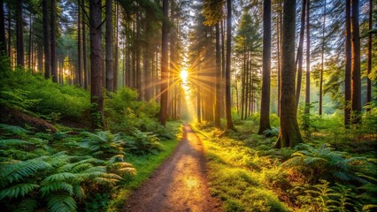 Obraz premium Wide-angle sunrise hike forest trail