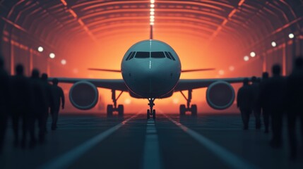 Fototapeta premium Dramatic scene of airplane passengers disembarking through a jet bridge after landing at the airport terminal gate with the futuristic architecture and warm lighting creating a compelling atmosphere