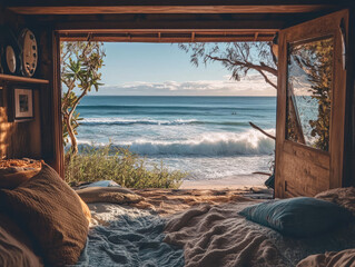 Obraz premium A beautiful beach view from a seaside cottage, with stunning vistas that invite relaxation.