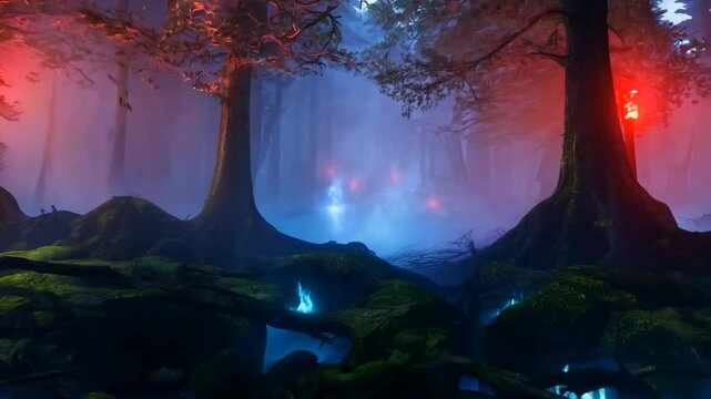 Mystical forest landscape with red and blue glowing lights in foggy ambiance. Fantasy concept