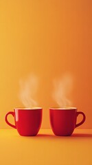 Two steaming red cups on a bright orange background, evoking warmth and comfort.