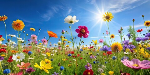 A vibrant field of colorful wildflowers swaying gently in the breeze against a clear blue sky with a subtle gradient effect, botanical, field, garden, meadow