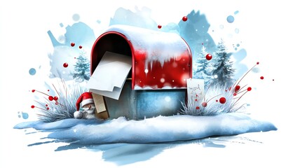 Red mailbox with snow and a letter inside. Winter scene.