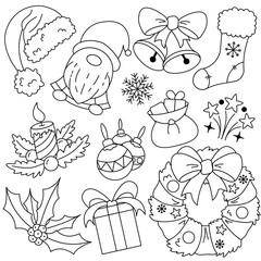 Cute hand-drawn Christmas doodle set icons. Ideal for coloring books, stamps, invitations, and others.