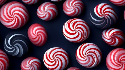 Peppermint-inspired circles of varying sizes on a dark navy background, each circle with swirling red and white stripes. Slightly glowing edges create a floating effect, hd quality, high contrast.