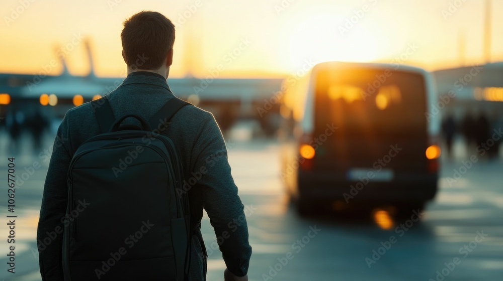 Poster travelers boarding an airport shuttle with their luggage in hand heading towards the terminal in a c