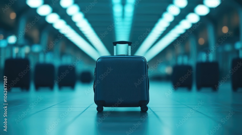 Poster blurred image of passengers rolling their suitcases and luggage towards a shuttle stop or transporta