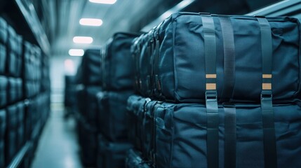 Fototapeta na wymiar Closeup view of various pieces of luggage and bags being carefully loaded and organized into the cargo compartment of a shuttle bus