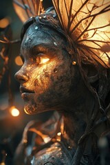 Magical fairy face illuminated by sunlight, creating a charming and enchanting atmosphere