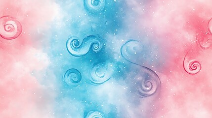 Peppermint-inspired swirls and dots pattern on a soft baby blue and blush pink background, hand-painted effect, watercolor-style blending. Slight texture to give a tactile, whimsical feel, hd quality,