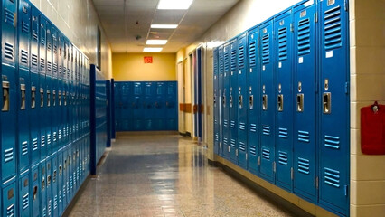 An empty school hallway with a long row of blue metal lockers.