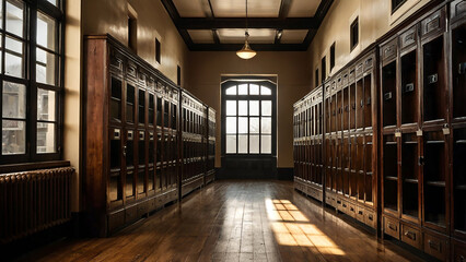 A vintage school hallway featuring old-fashioned wooden lockers.
