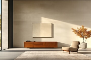 Contemporary Living: Wooden Sideboard, Armchair, and Marble Coffee Table on Rug in Modern Interior Design - 3D Render