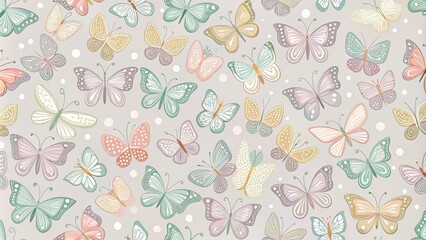 A whimsical butterfly pattern featuring hand-drawn elements and soft pastel colors on a pale gray background, watercolor effect, butterfly wallpaper, bohemian decor, distressed textures