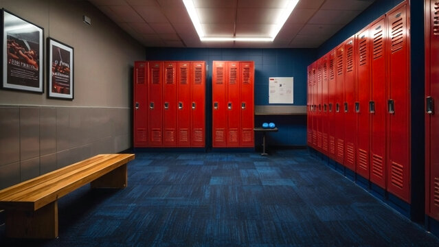 A cozy gym locker room with vibrant red lockers and a warm, welcoming ambiance.