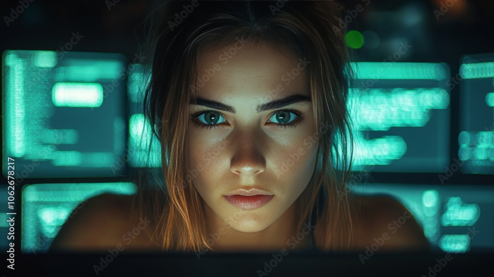 Aufkleber female developer coding in dimly lit workspace