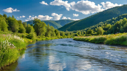 A tranquil river flowing through a lush green valley, surrounded by dense forests. AI Generate