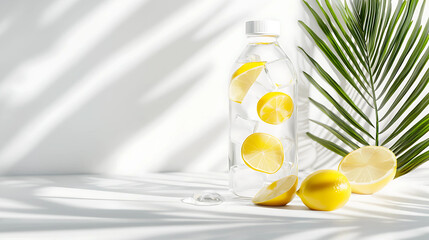 Bottle of water with lemon slices and palm leaf on white background