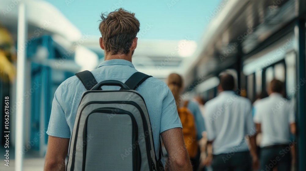 Poster group of tourists unloading their suitcases and luggage from a bus after arriving at their hotel des