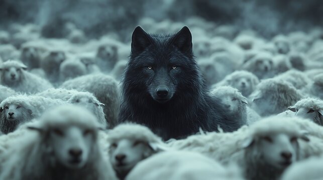 A black wolf blending subtly in the center of a massive flock of fluffy white sheep, its dark fur barely visible but creating tension and mystery, soft fog rolling over the scene, cinematic shadows,