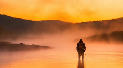 Stunning early morning scene of a solitary angler fishing in a tranquil river surrounded by rolling fog and a serene atmospheric landscape  The deep depth of field creates a captivating