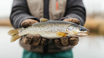 Portrait of a happy fisherman proudly holding a freshly caught fish while standing by a scenic riverbank