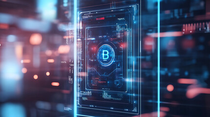 Fototapeta premium Futuristic glowing bitcoin interface. 3d rendering toned image double exposure