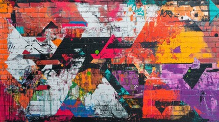A vibrant mix of graffiti tags and abstract patterns, filling a brick wall with bold colors, lines, and textures, showcasing urban street art culture.